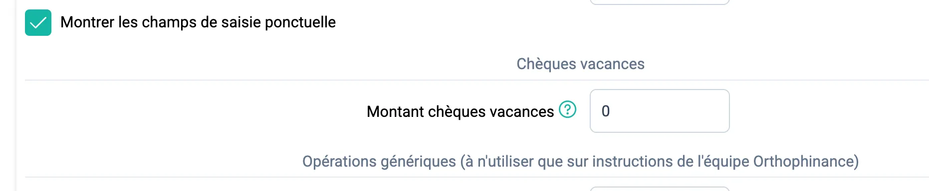 Section Chèques-vacances dans les champs de saisie ponctuelle