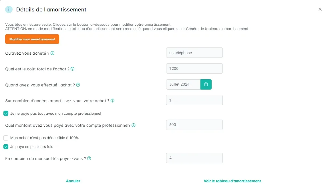Détails Amortissement téléphone